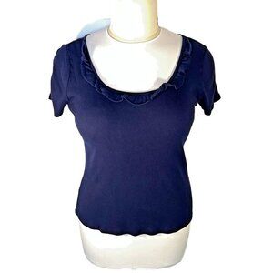 Lauren Ralph Lauren - Women's XL Top Short Sleeve Navy Blue Fine Knit Ribbed